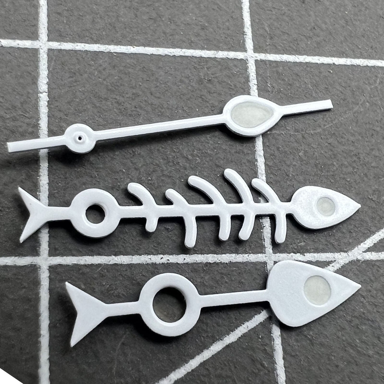 Matted white trim Fish Bone green lume watch hands for NH35 NH36 movement, precise fit.