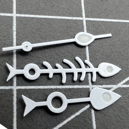 Matted white trim Fish Bone green lume watch hands for NH35 NH36 movement, precise fit.