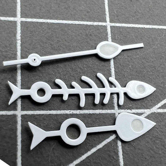 Matted white trim Fish Bone green lume watch hands for NH35 NH36 movement, precise fit.