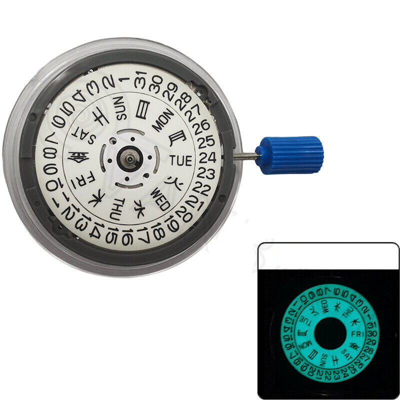 Seiko NH36A watch movement with white dial and blue lume, showcasing 3/3.8 crown positions for accuracy.