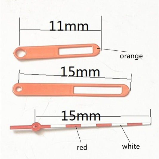 15mm hollow watch hands with orange, white, and red trim for Ronda 515 quartz movement