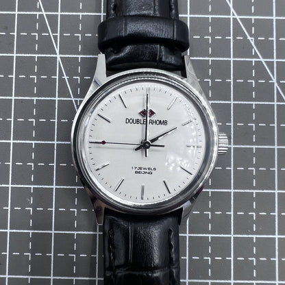 Beijing mechanische Herrenuhr 31mm Silbergehäuse schwarzes Band 3 Zeiger