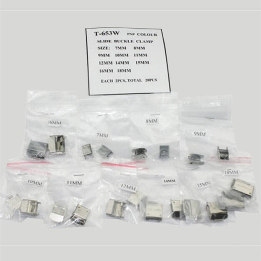 Set of 20 silver slide watch buckles, sizes 7-18mm, versatile clamps for watch straps.