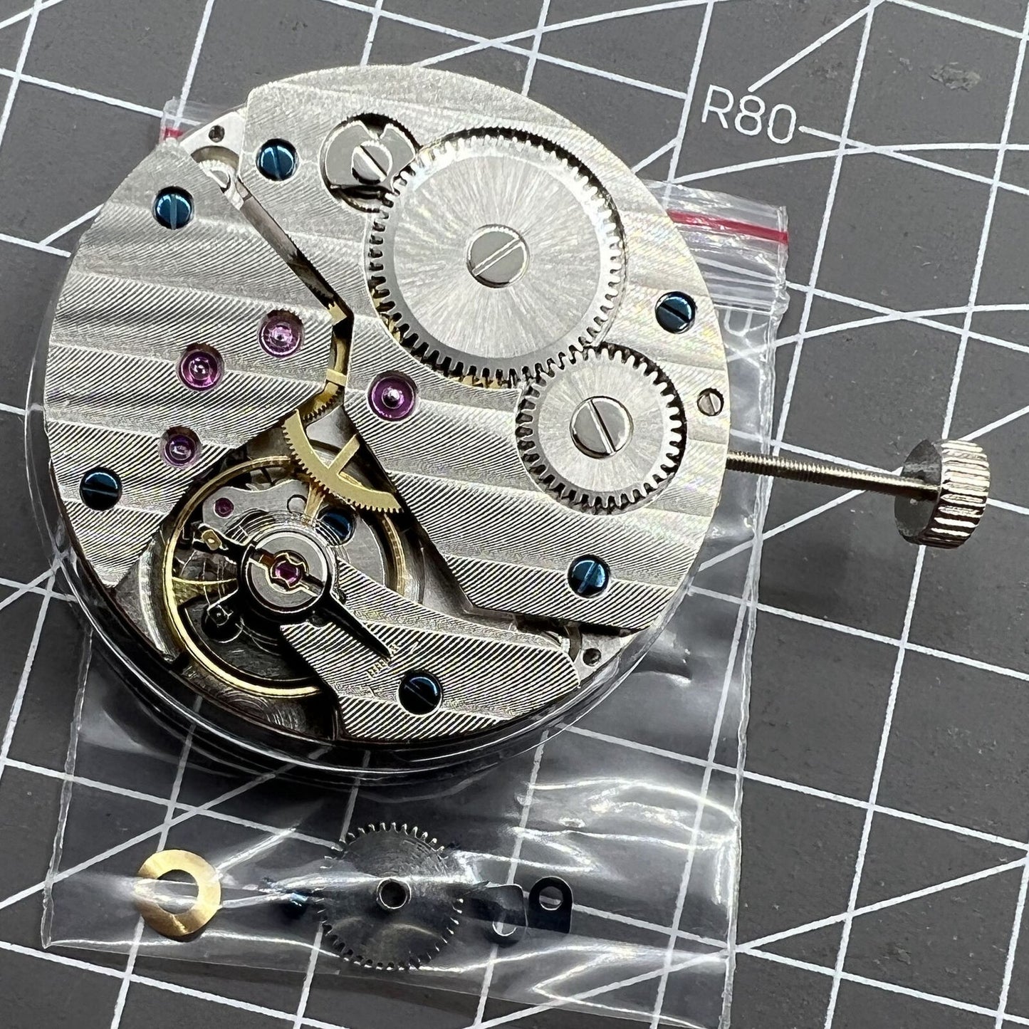 Close-up of Seagull 6497 watch mechanical hand winding movement with second hand at 6 o'clock for precise timekeeping.
