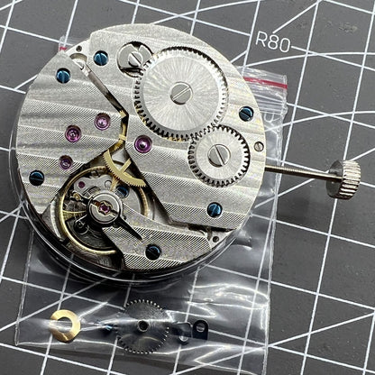Close-up of Seagull 6497 watch mechanical hand winding movement with second hand at 6 o'clock for precise timekeeping.