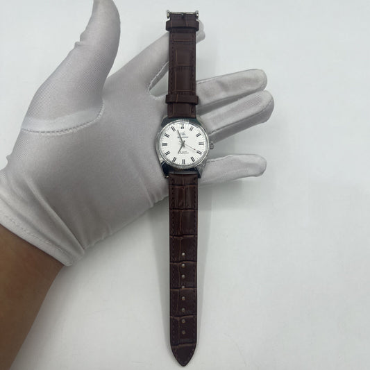 Shanghai Factory 38mm manual mechanical watch with white dial, 3 hands, 19 jewels, classic design.