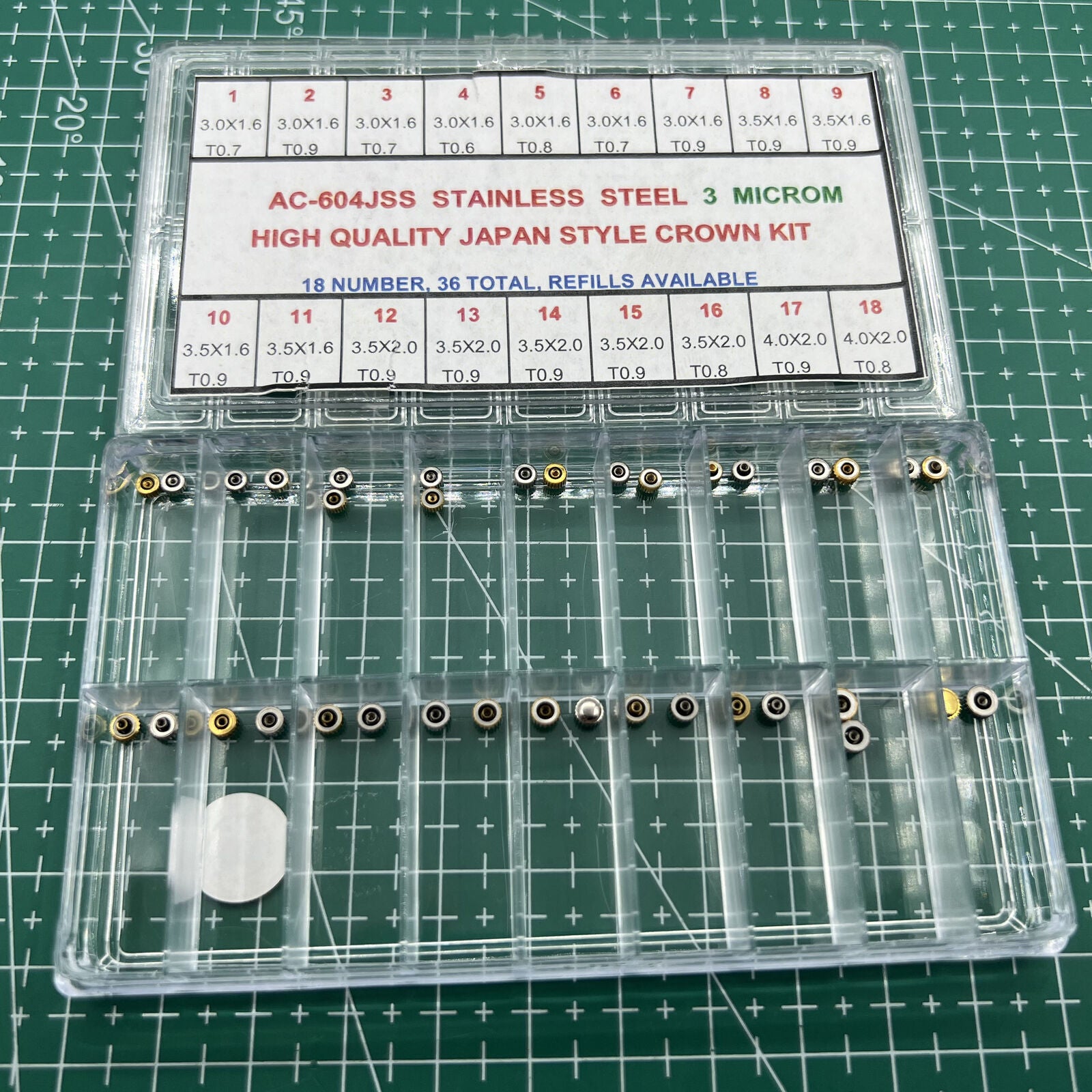 36-piece stainless steel watch crown kit, Japan style, high-quality brand assortment for watch repair and customization.