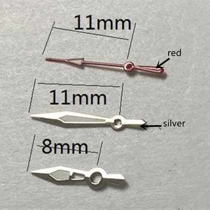 11mm red second hand with silver trim for Miyota 2315, 2035, 2036, 2115, and 2305 watches.