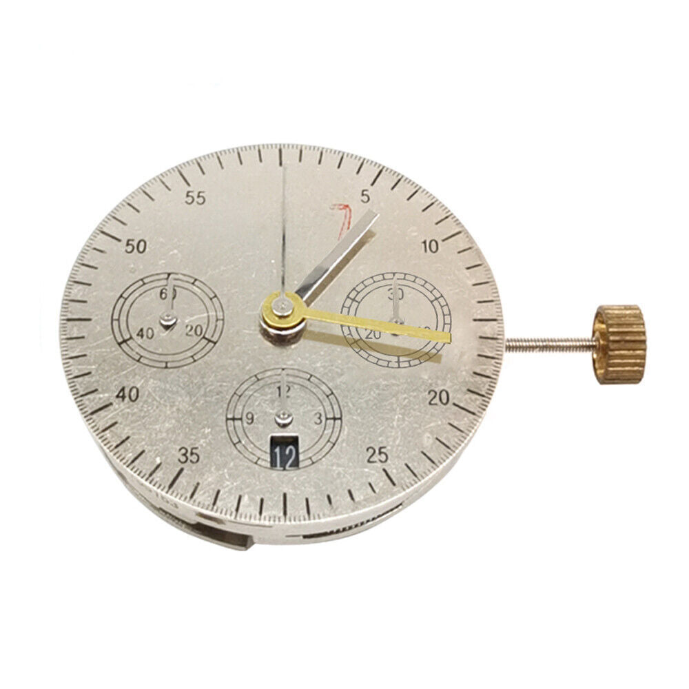 Asian 7750 automatic chronograph movement with single calendar at 6 o'clock and seconds subdial at 9, ETA 7750 style.