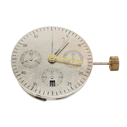 Asian 7750 automatic chronograph movement with single calendar at 6 o'clock and seconds subdial at 9, ETA 7750 style.