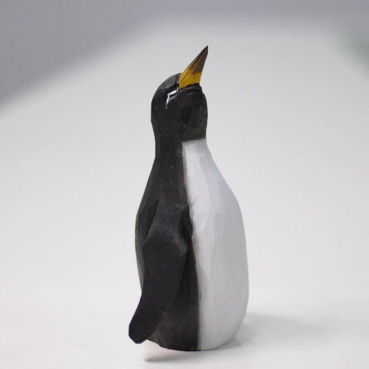 Handmade Emperor Penguin mother and baby wooden figurine sculpture, perfect decorative piece for home.