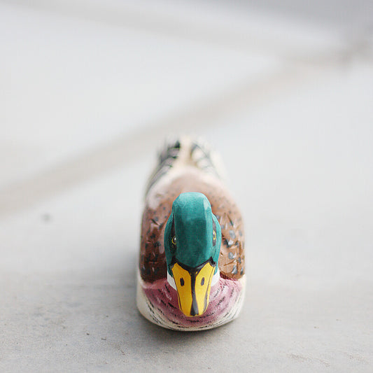 Handcrafted Male Mallard Wooden Figurine, detailed decorative artwork for home decor.