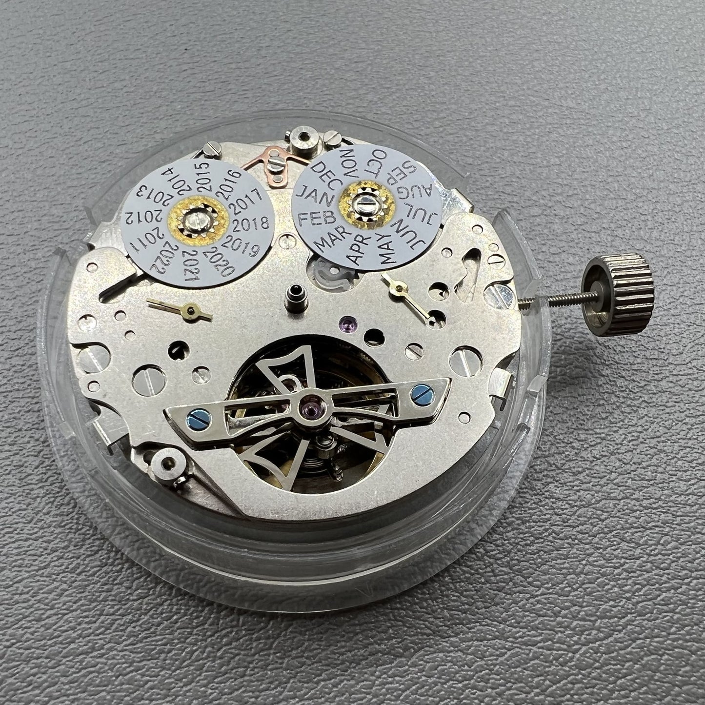 Seagull ST2503 automatic watch movement showing mechanical parts and perpetual calendar functions.