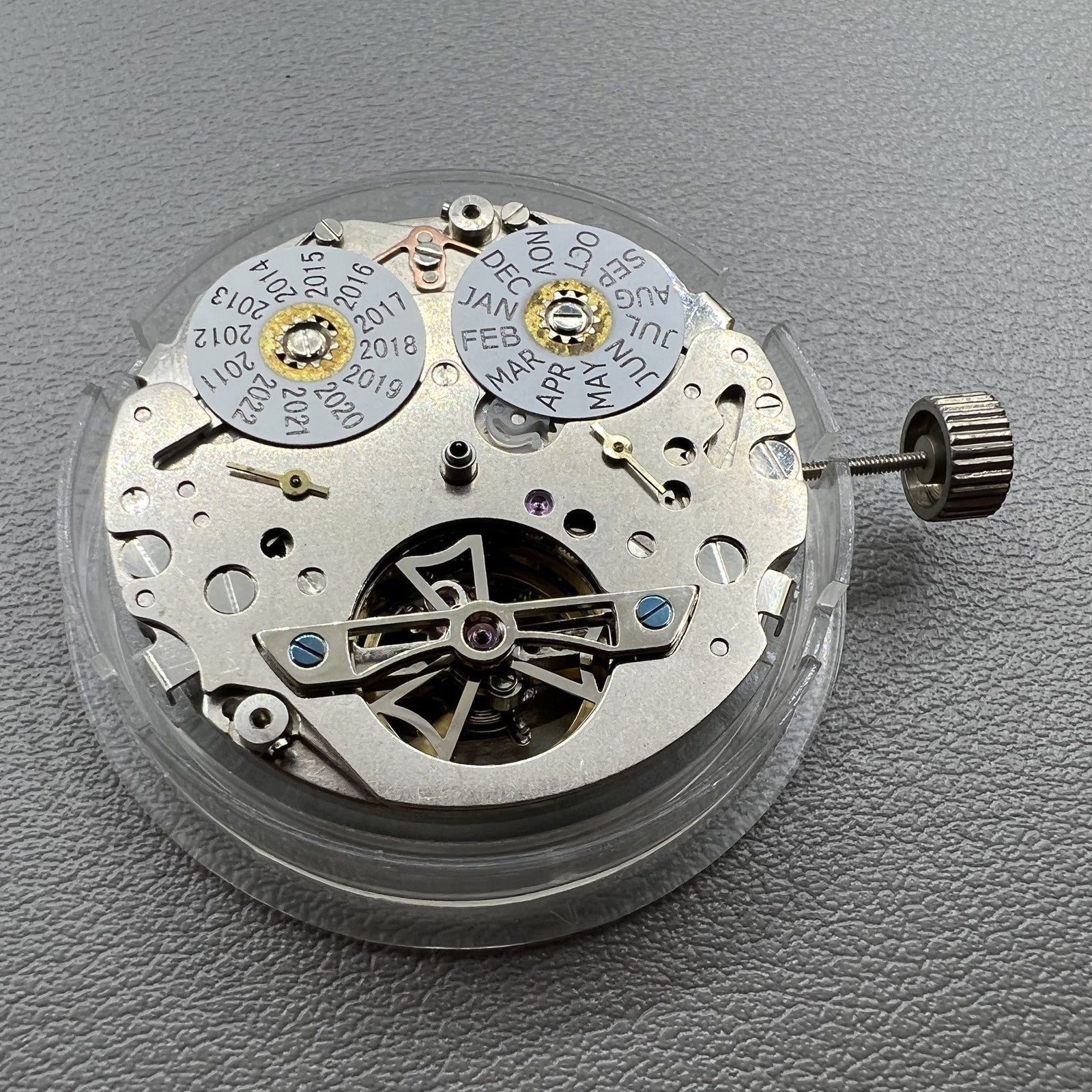 Seagull ST2503 automatic watch movement showing mechanical parts and perpetual calendar functions.