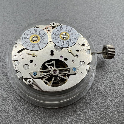 Seagull ST2503 automatic watch movement showing mechanical parts and perpetual calendar functions.