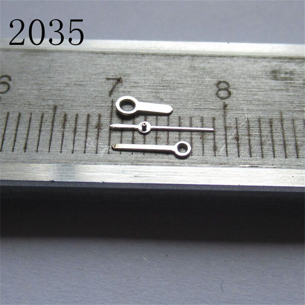 Silver Miyota watch hands set, compatible with 2035, 2115, 2105, 2305 movements for precise timekeeping.