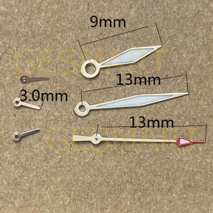 Set of 2 silver trim diamond lume hands for Miyota JS15 watch movement, precise fit and visibility.