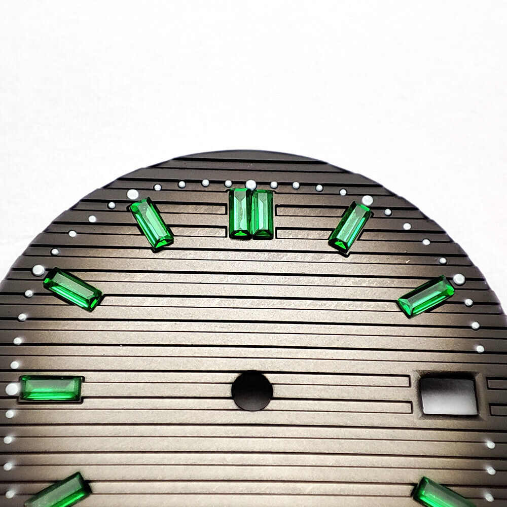 Green imitation gemstone accent on 29.8mm grey watch dial, compatible with NH35 movement,.