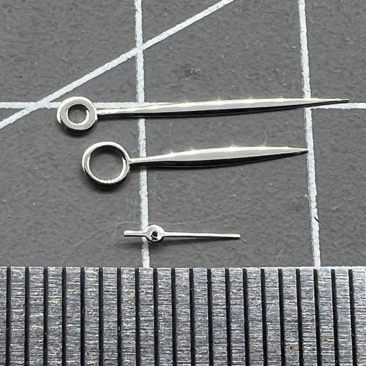 Long silver polished watch hands for ST3600/ST3620/ETA6497/6498 movements, no lume, precision fit.