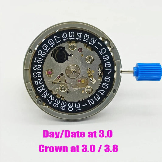 Japan Made NH35 automatic watch movement with black date dial and crown positioned at 3.8/3.0.