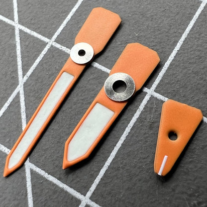 Orange luminous enamel watch hands for Casioak GA2100 GAB2110, vibrant C3 glow, precise detailing.