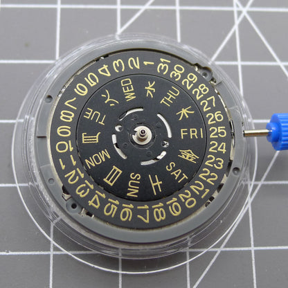 NH36 automatic watch crown at 3.0/3.8 position with black dial and golden font by Seiko.