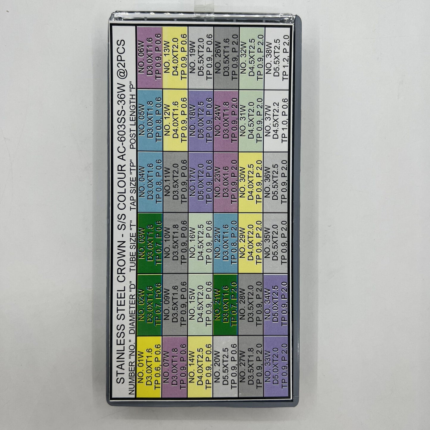 Stainless steel watch crown assortment kit with 72 pieces in 36 sizes, ideal for watch repair.