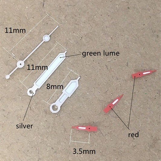 Aiguilles de montre luminescentes vertes argentées et rouges 11 x 11 x 8 mm pour mouvement VD53, VD54 et VD57
