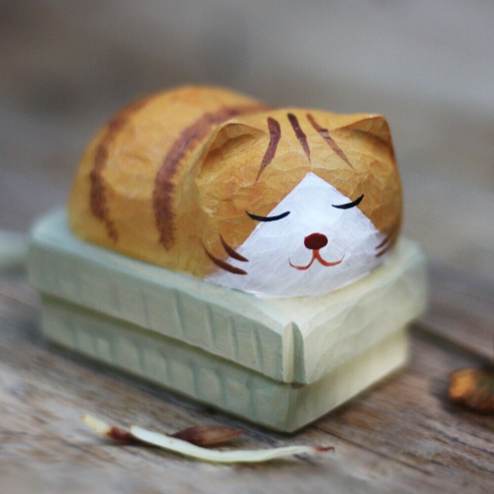 Handmade wooden cat figurine, decorative artwork by Brand New Cute, perfect for cozy home decor.