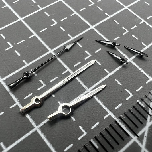Silver 13mm watch hands with black trim and luminous tips for Miyota OS series