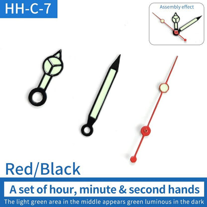 Green luminous watch hands set with pins for SKX007/009 NH35 movement, enhancing dial visibility.