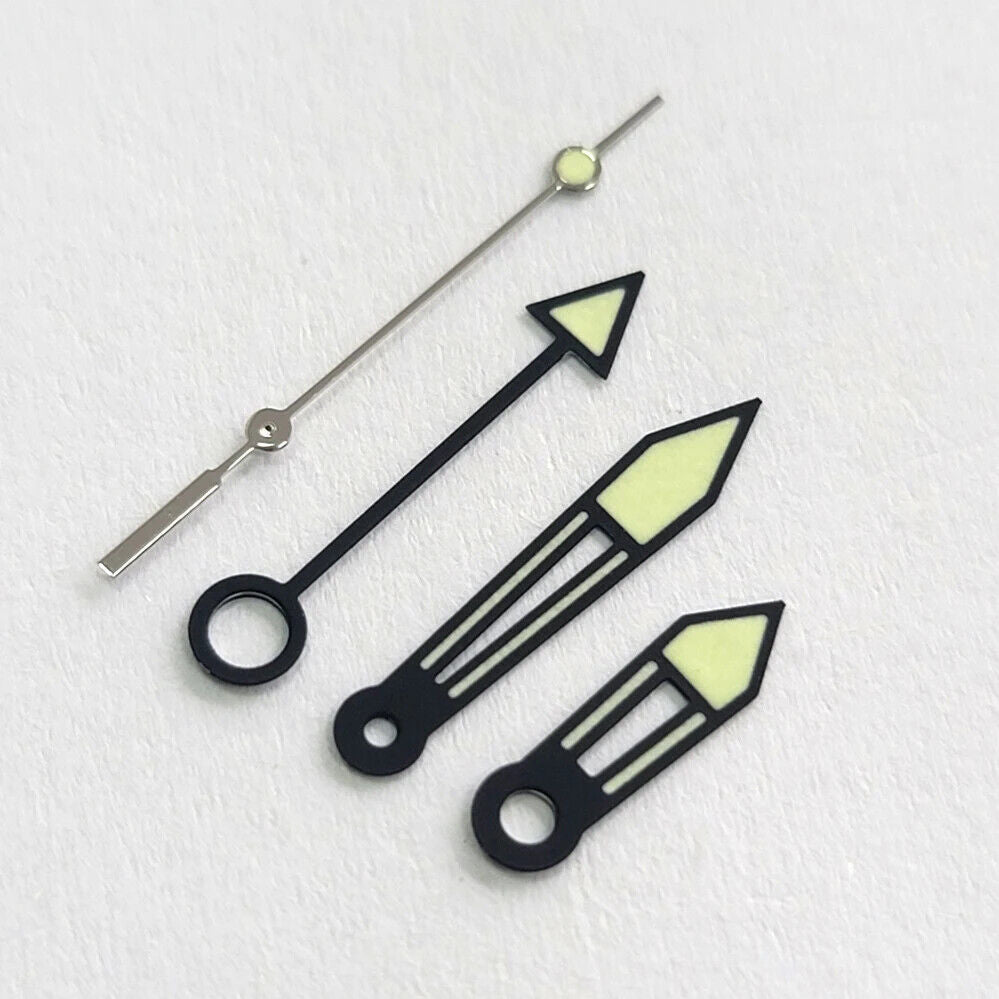 Green luminous watch hands with black trim for NH34 GMT models, showcasing Japanese precision craftsmanship.
