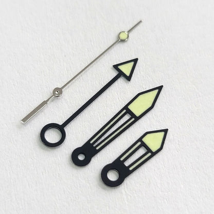 Green luminous watch hands with black trim for NH34 GMT models, showcasing Japanese precision craftsmanship.
