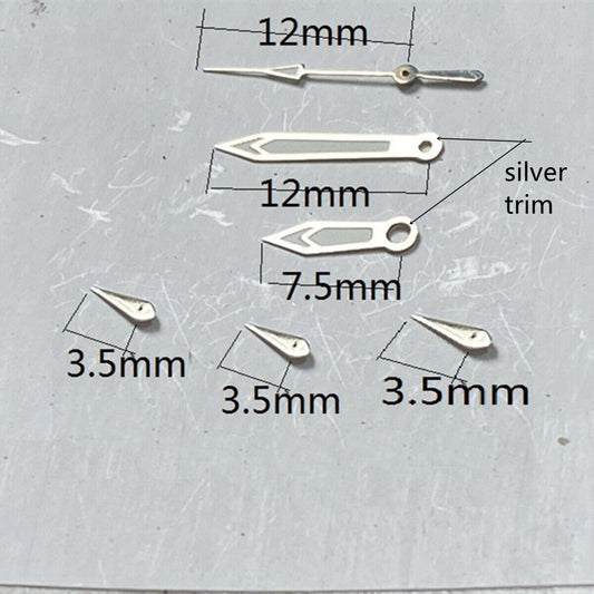 Aiguilles de montre en forme de flèche de 12 mm avec garniture argentée et luminescente verte pour mouvement VD53, VD54 et VD57