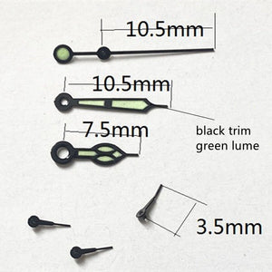 10.5mm Black Trim Green Lume Watch Hands for Miyota OS10 OS20 OS22 OS60 OS80