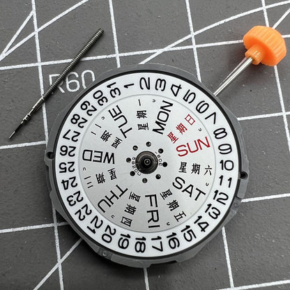 Miyota 1M02 Japan Quartz watch movement with 3 hands, date at 3 o'clock, English & Chinese day-date dial.