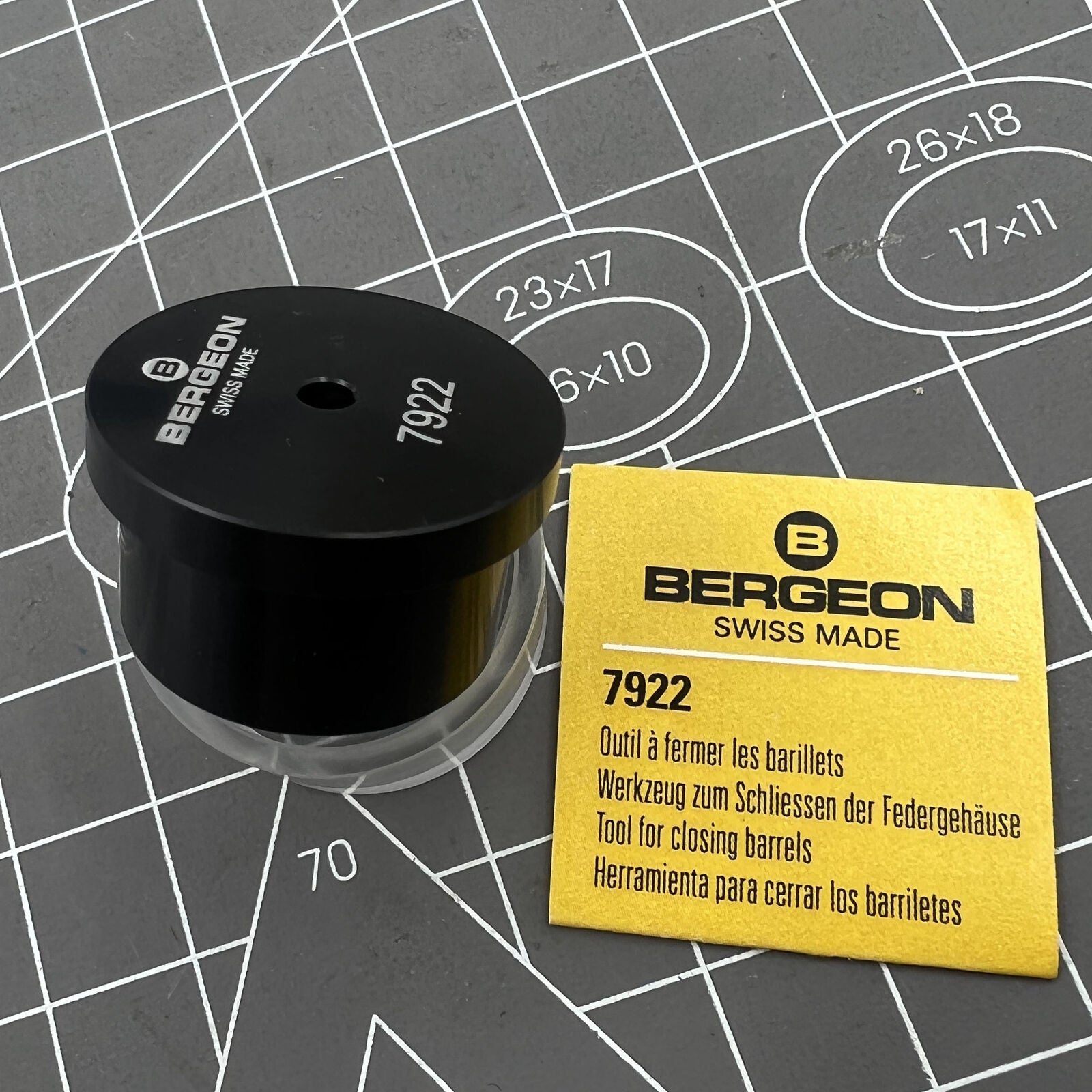 Swiss Bergeon 7922 watch tool for precise mainspring cover closing in professional watch repairs.