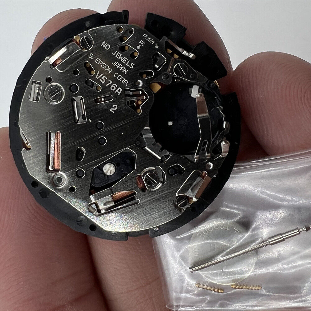Hattori Epson VS76A solar quartz watch movement showcasing Japanese craftsmanship and precise timekeeping.