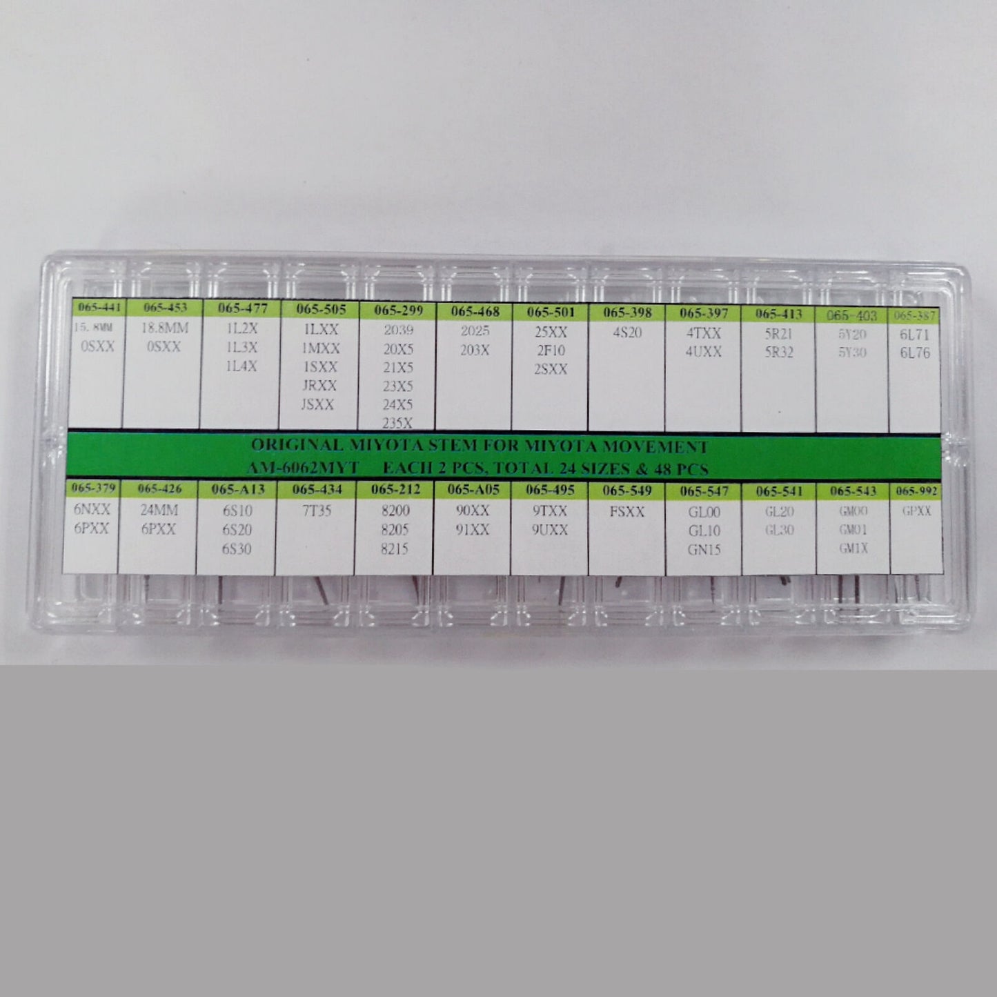 1. 24 Sizes Miyota watch stems set, 48pcs, compatible with Miyota movements for precise repairs.  