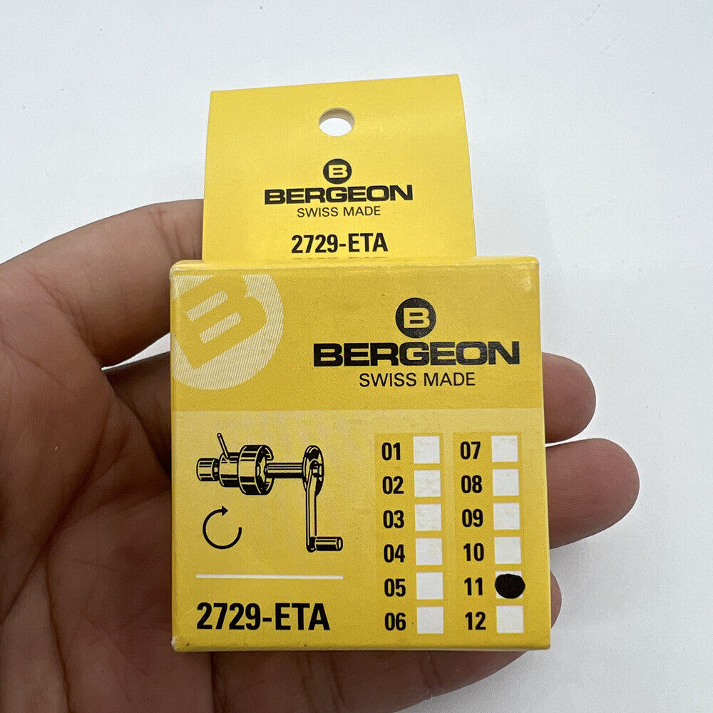 Bergeon 2729-ETA watch mainspring winder with spare barrels for ETA calibres, precision tool accessory.