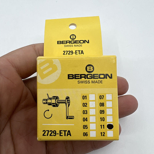 Bergeon 2729-ETA watch mainspring winder with spare barrels for ETA calibres, precision tool accessory.
