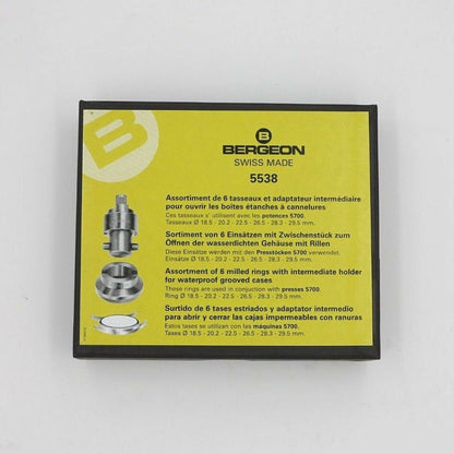 Bergeon 5538 six-chuck holder for waterproof grooved watch cases, precise accessory tool.