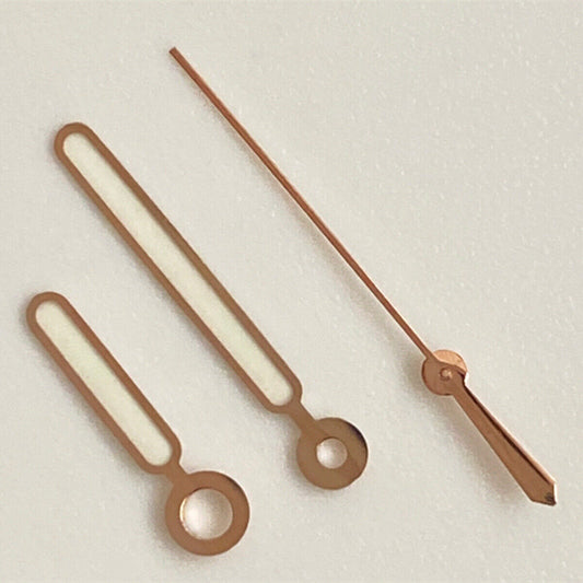 Set of 3 green luminous watch hands with rose gold trim for NH35, NH36, SKX007.
