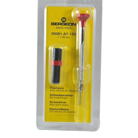 Bergeon ergonomic 1.20mm screwdriver with spare blades for precise watch accessory repairs