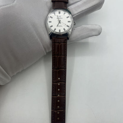 Shanghai Factory 38mm manual watch with white dial, 3 hands, 19 jewels for accurate timekeeping.