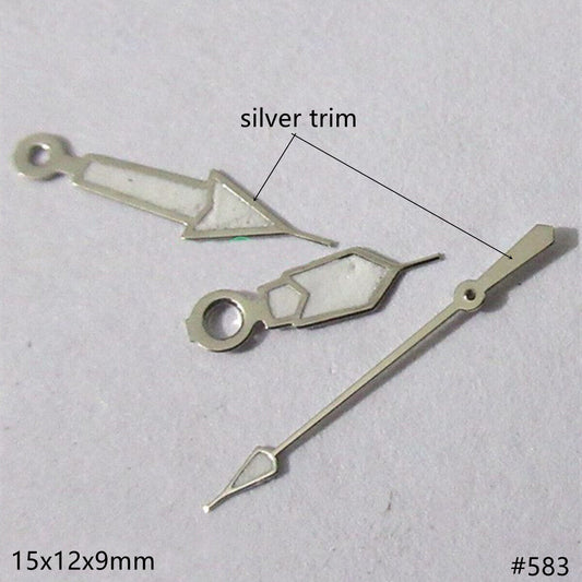 Green lume silver trim watch hands set compatible with Miyota 2035, 2115, 2105, 2305 movements.
