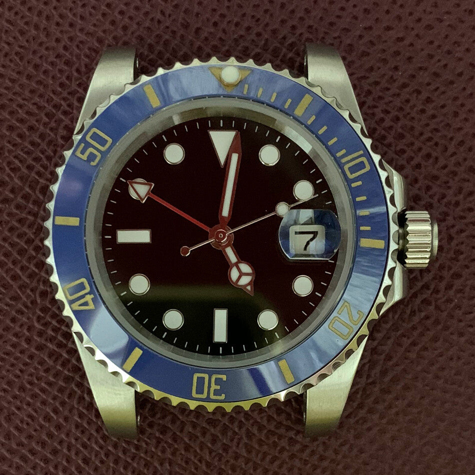 Boîtier de montre GMT 40 mm en acier inoxydable 3804 316L, verre saphir, aiguilles lumineuses