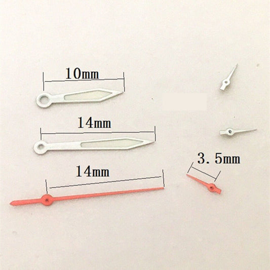 14mm silver arrow watch hands with green lume, compatible with VD53 VD54 VD57 movements, precision fit.