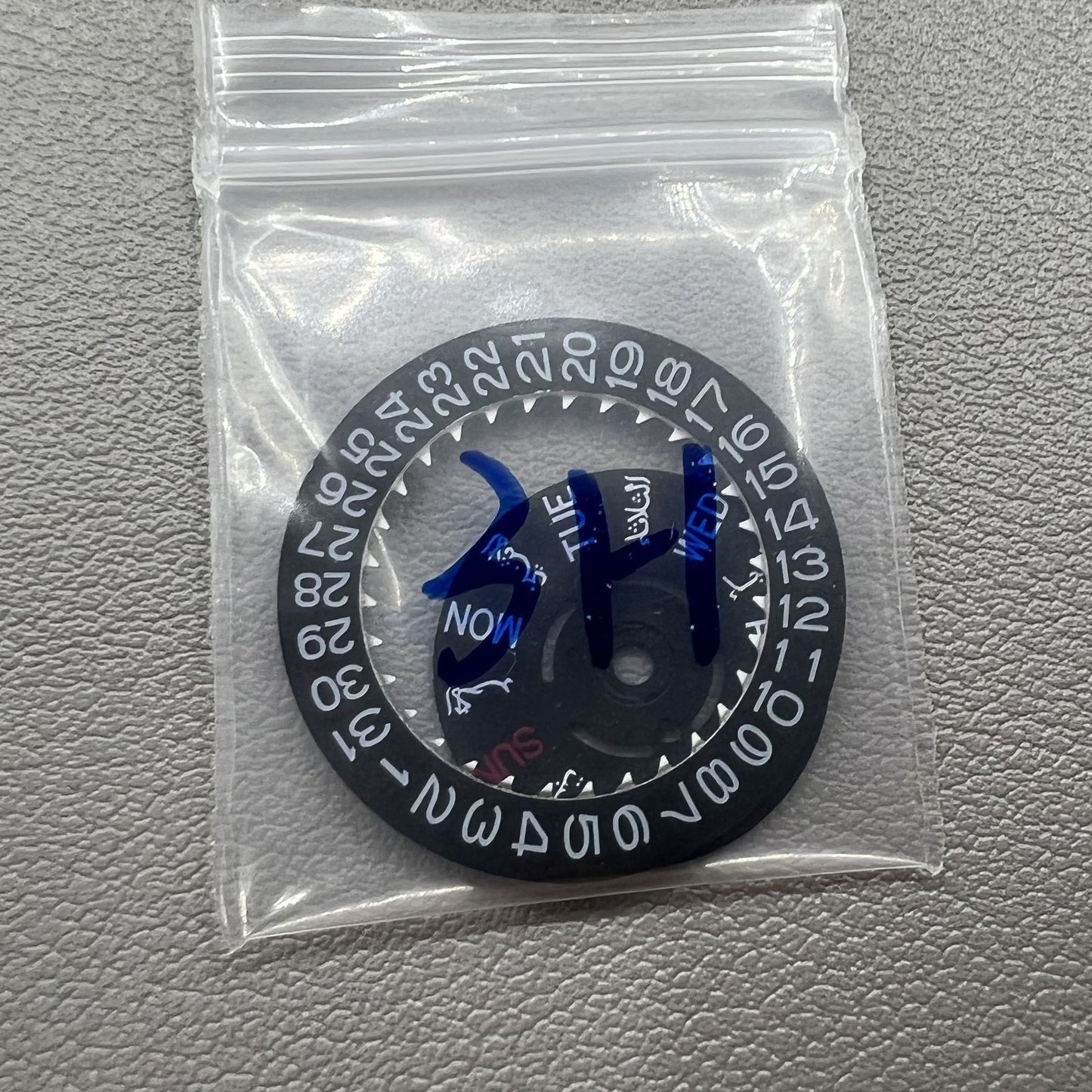 Black Arabic/English date and week wheel for NH36 watch movement, crown positioned at 3 o'clock, precision parts.