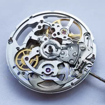 Tianjin 2824 hollow mechanical watch movement with silver finish, 3 hands, no calendar, precision engineering by China Made.